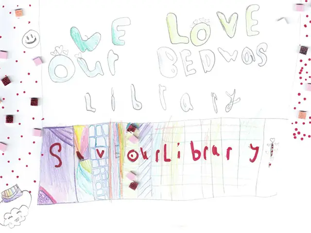 Poster drawn by children opposing the proposed closure of libraries in Caerphilly County Borough