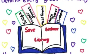 Poster drawn by children opposing the proposed closure of libraries in Caerphilly County Borough