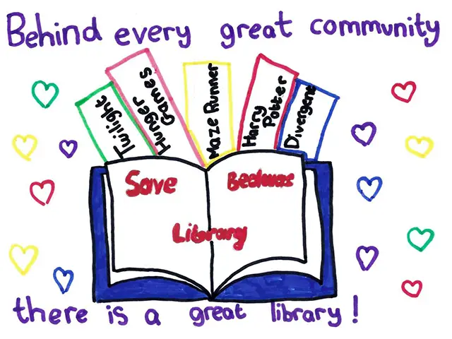 Poster drawn by children opposing the proposed closure of libraries in Caerphilly County Borough