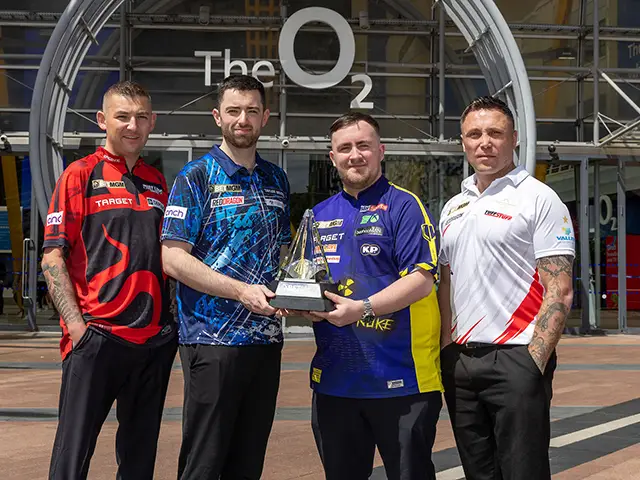 From left: Nathan Aspinall, Luke Humphries, Luke Littler, and Gerwyn Price outside the O2 Arena in London