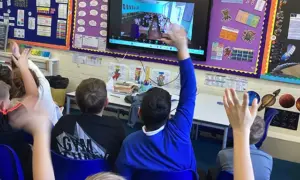 Pupils at Tir y Berth Primary School meeting their Ukrainian counterparts