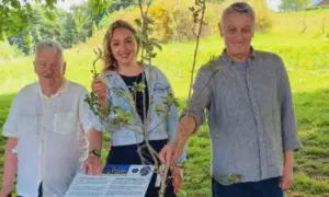 Yuliia Bond, centre, and Wales Green Party leader Anthony Slaughter, right, planting the apple tree at Morgan Jones Park