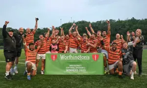 Caerphilly RFC celebrating their Mid District Division Two cup final win