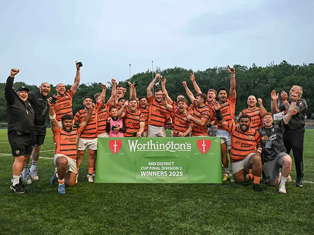 Caerphilly RFC celebrating their Mid District Division Two cup final win