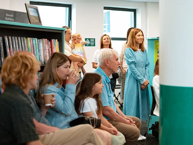Olesia Miftahova, right, at the launch of her art exhibition
