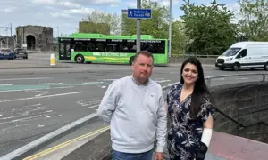 Conservative campaigner Michael Enea and South Wales East MS Natasha Asghar at the Old Green Roundabout