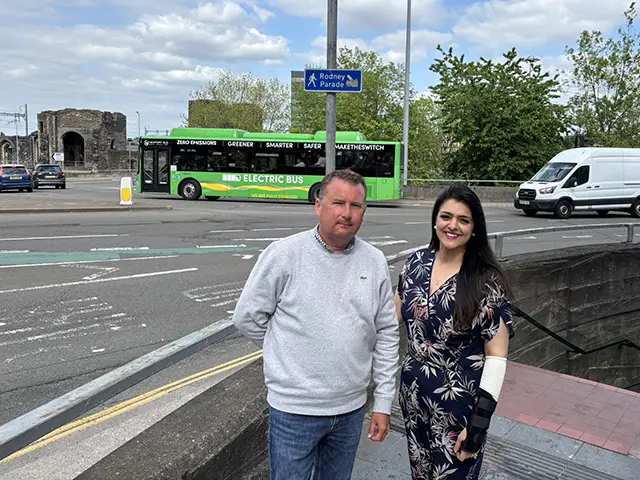 Conservative campaigner Michael Enea and South Wales East MS Natasha Asghar at the Old Green Roundabout