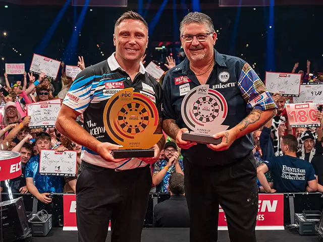 Gerwyn Price, left, with runner-up Gary Anderson