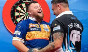 Gerwyn Price, right, and Josh Rock during their World Matchplay encounter