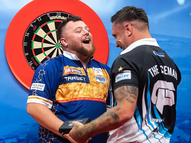 Gerwyn Price, right, and Josh Rock during their World Matchplay encounter