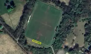 Aerial image (with site of proposed stand marked in yellow) of Treowen Stars AFC's home ground