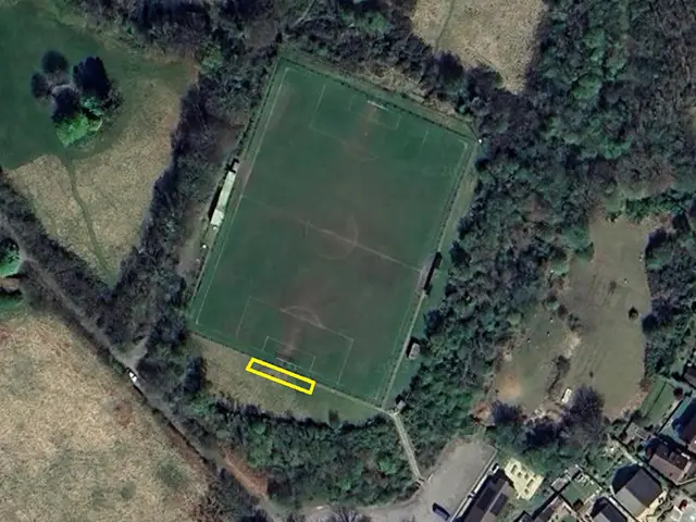 Aerial image (with site of proposed stand marked in yellow) of Treowen Stars AFC's home ground