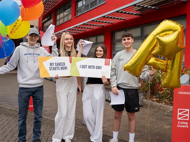 Students at Coleg Gwent's Crosskeys campus celebrate their A-level results