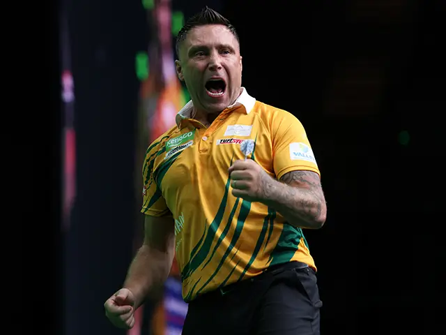 Gerwyn Price celebrating during his victory over Joe Comito