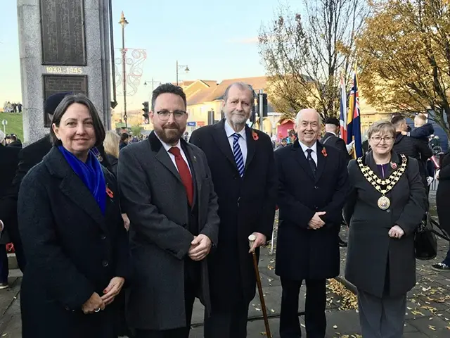 From left: Then-council leader Philippa Marsden, Hefin David, Jeff Cuthbert, Wayne David, and then-mayor Carol Andrews during the 2021 Remembrance Sunday even in Caerphilly