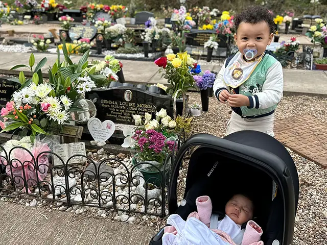 Lauren's two children at Gemma's grave