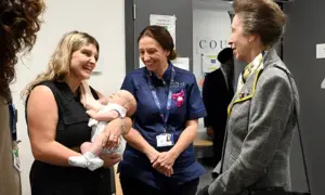 Princess Anne with Elisia Rogers, trustee of BABI Group, left; and consultant midwife Emma Mills, centre