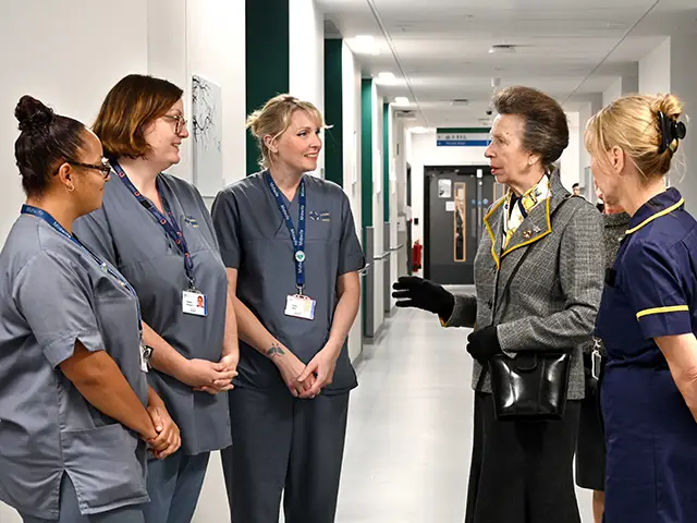 Princess Anne meeting midwives at the Grange University Hospital