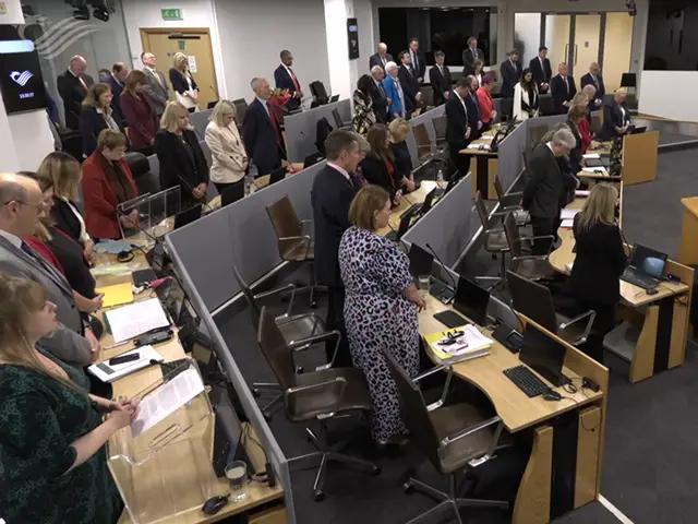 Senedd Members standing to observe a minute's silence for Hefin David
