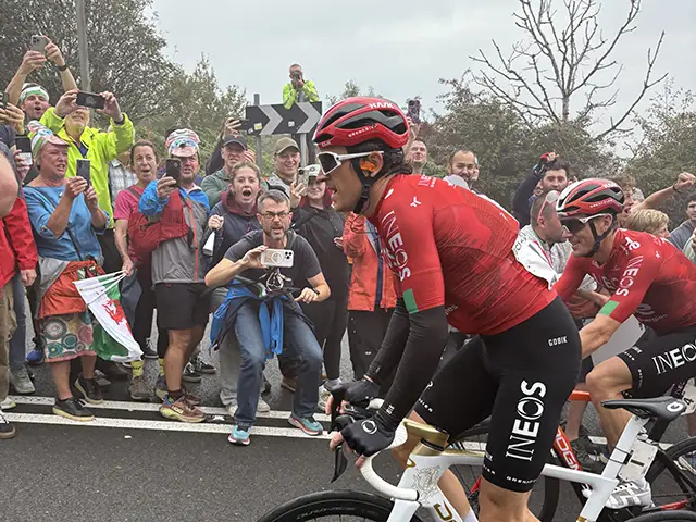 Geraint Thomas tackling Caerphilly Mountain in front of cheering supporters