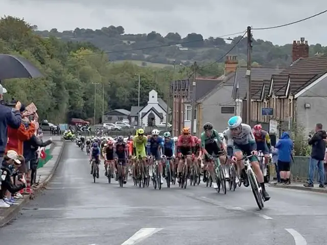 Cyclists racing through Pontllanfraith