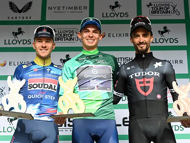 From left: Remco Evenepoel, Romain Grégoire, and Julian Alaphilippe