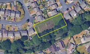 Aerial image of the proposed development site (marked roughly in yellow) near Jessop Close, Rogerstone