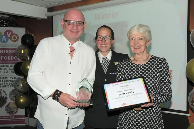 Gwent Police assistant chief constable Vicki Townsend, presents the Culture and Heritage award to Ann Lewis, of Caerphilly Miners' Centre