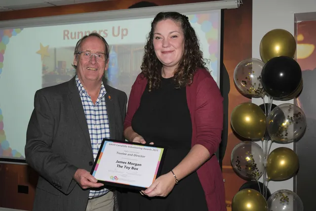GAVO trustee Robert Dutt presents the Trustee and Director runner-up award to Sally Morgan, on behalf of James Morgan of the Toy Box Project