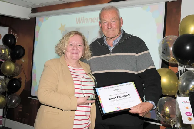 Brian Campbell, of SMART Group (GDAS) Barod, is presented with his Community Advocate award by Gwent Police and Crime Commissioner Jane Mudd