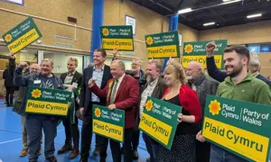 Plaid Cymru celebrating their victory in the Caerphilly by-election