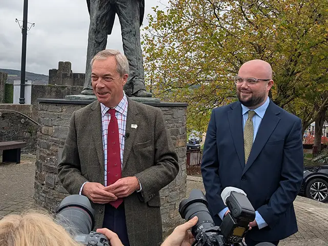 Reform leader Nigel Farage and his candidate, Llŷr Powell