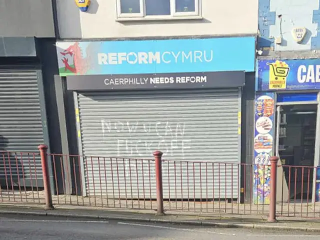 Graffiti on the Reform campaign office on Cardiff Road, Caerphilly