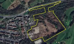 Aerial view of the proposed development site (marked roughly in yellow) near Gellideg Lane, Maesycwmmer
