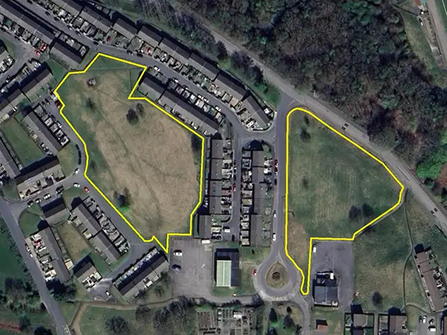 Aerial View of the proposed development sites (roughly marked in yellow) near Heol Coedcae, Bargoed