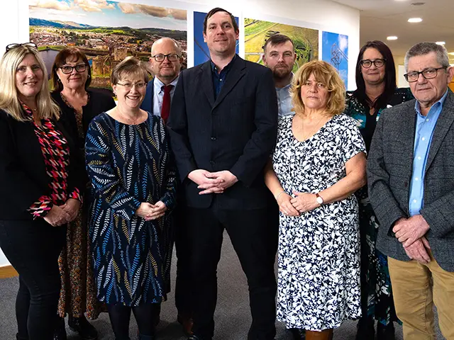 From left: Council cabinet members Eluned Stenner, Elaine Forehead, Carol Andrews, Chris Morgan, Jamie Pritchard, Shayne Cook, Philippa Leonard, Amanda McConnell, and Nigel George