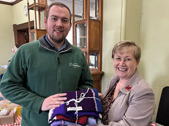 Caerphilly Foodbank's Ryan Hyde and Cllr Carol Andrews