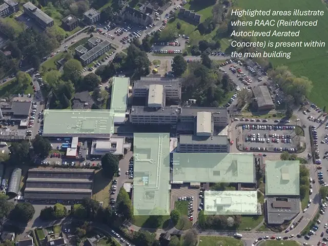 This overhead image of Nevill Hall Hospital highlights in green all the areas affected by RAAC concrete