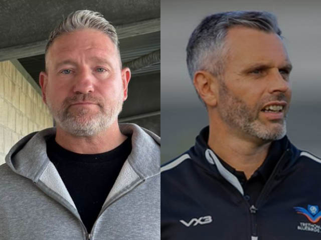 Trethomas Bluebirds manager Paul Evans, left, and ex-Bluebirds boss Mark Dunford