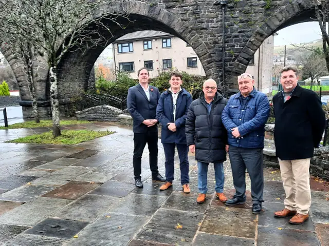 From left: Council leader Jamie Pritchard, project officer Mark Carrington, councillors David Harse and Mansell Powell, and regeneration project officer Dan Edwards at the newly-revamped square