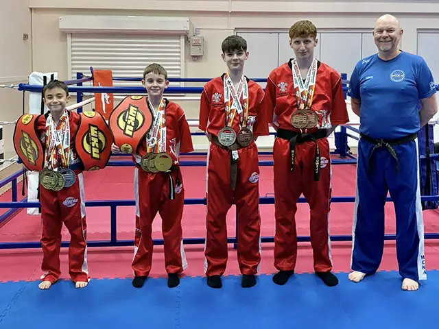 From left: Emir Isik, Lawson Moyle, Logan O'Clements, Reuben West, and coach Steve Bevan