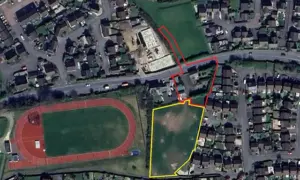 Aerial view of the proposed development sites in Oakdale. The supported living site is marked in red