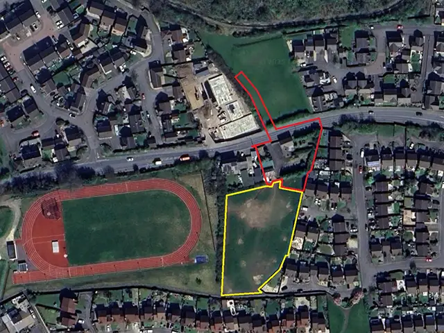 Aerial view of the proposed development sites in Oakdale. The supported living site is marked in red
