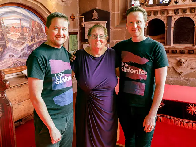 Gillian Davies, centre, with NEW Sinfonia orchestra founders Robert Guy and Jonathan Guy