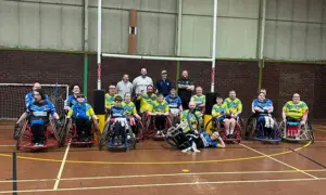 Players from Aber Valley Wolves and Cardiff Blue Dragons' wheelchair sides following their game on February 8
