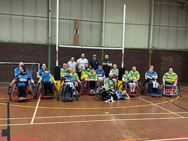 Players from Aber Valley Wolves and Cardiff Blue Dragons' wheelchair sides following their game on February 8