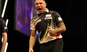 Gerwyn Price celebrating during his Premier League Darts Night 2 win in Antwerp