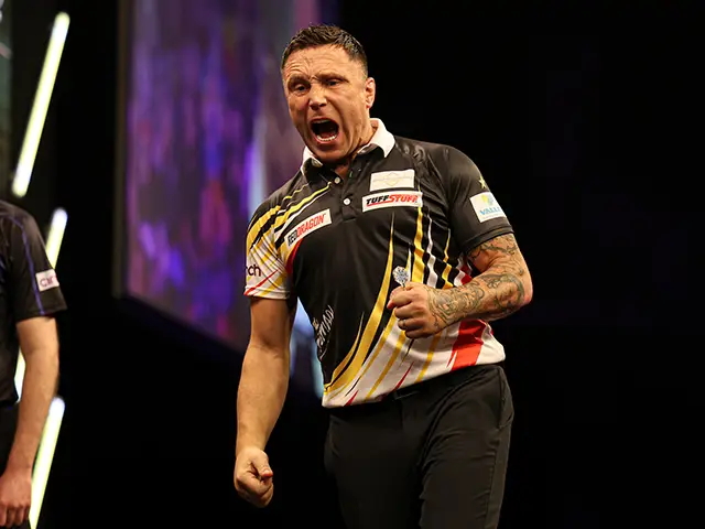 Gerwyn Price celebrating during his Premier League Darts Night 2 win in Antwerp