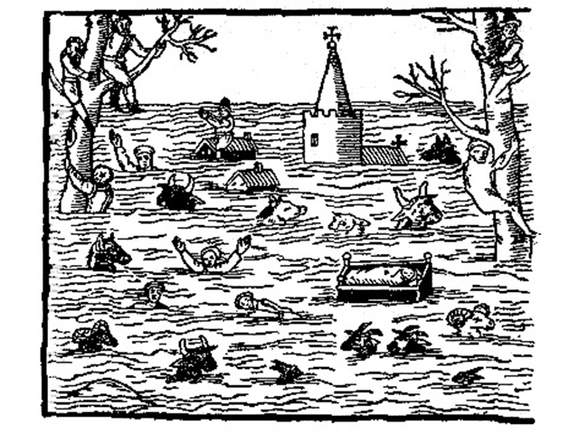 A drawing of the 1607 flood, with what is thought to be St Mary's Church, Nash, Newport, submerged by the floodwater