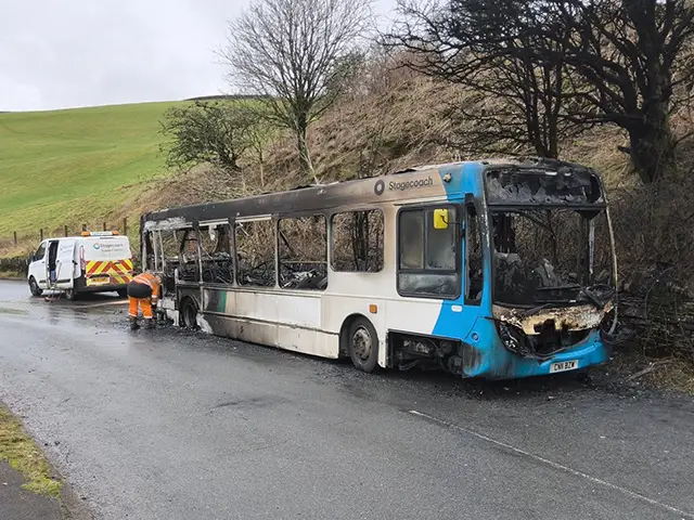 A Stagecoach bus caught fire between Deri and Fochriw